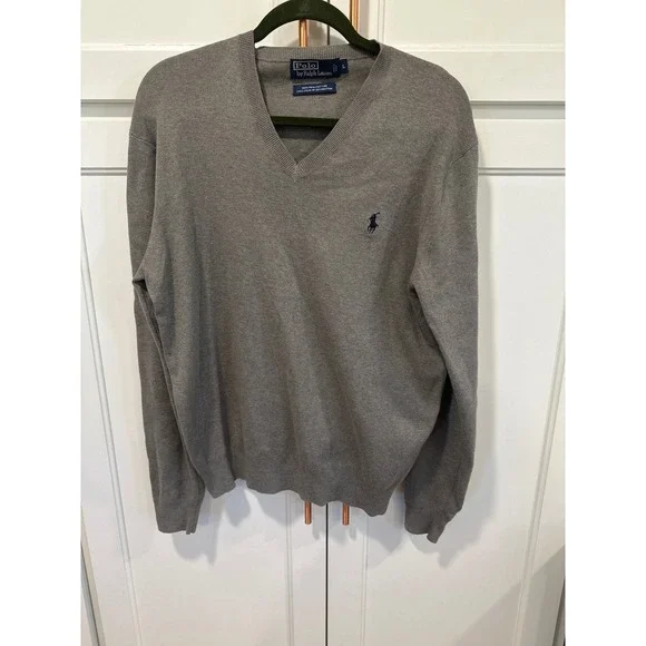Polo Ralph Lauren Men V-Neck Sweater Gray Long Sleeve Pima Cotton Size L preppy - Picture 1 of 7